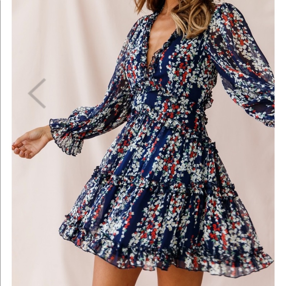 Cutout Back Ruffle Detail Floral Dress Navy